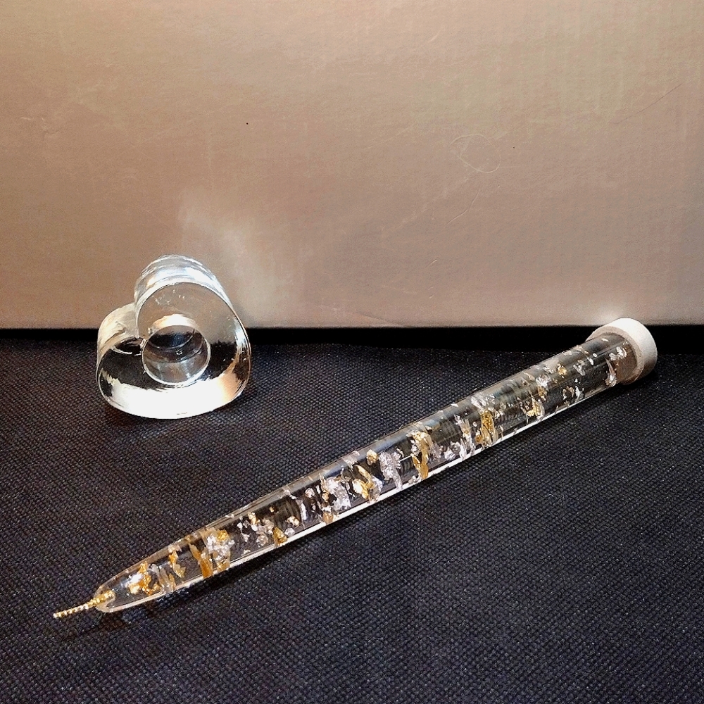 Vintage Lucite Acrylic Decorative Use Candle 8in Silver Gold Fleck & Heart Glass